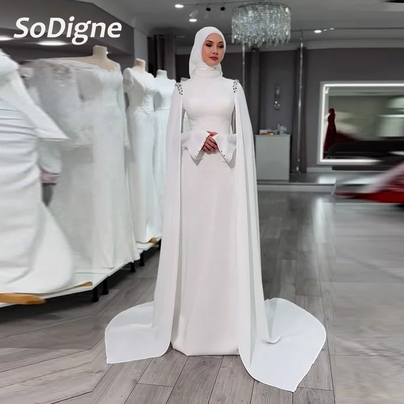 

﻿ SoDigne Satin Mermaid Wedding Dresses Full Sleeves High Neck Crystal Bridal Dress Bride Gown vestidos de novia Customized