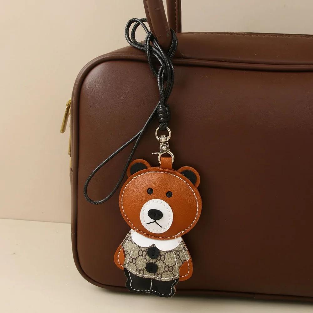Leather Bear Bag Charm Teddy Bear Keychain Lightweight Purse Charm With Long Strap For Handbag Tote Bag Daily Styling Accessory