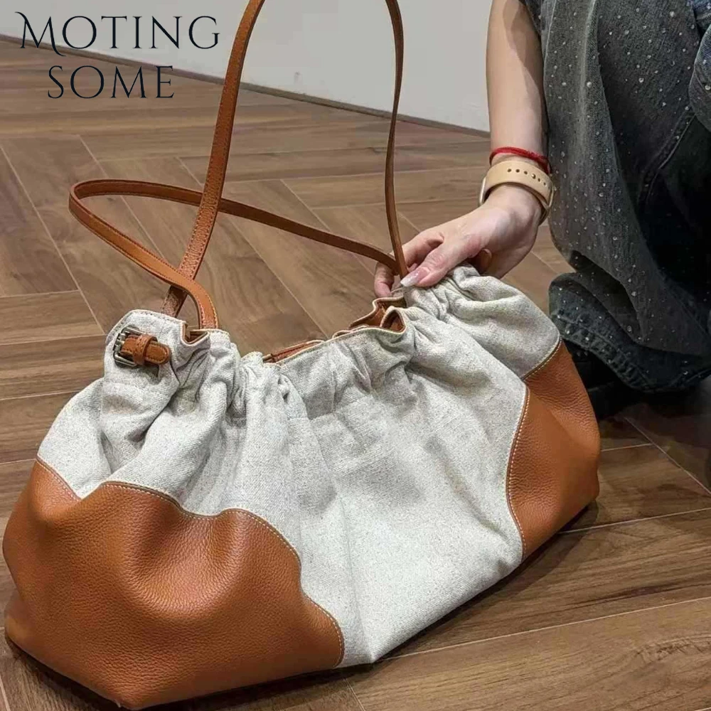 

Motingsome Fashion Pleated Handbag High Quality Linen Drawstring Splicing Shoulder Bag Summer Niche Underarm Bag Bowling Tote