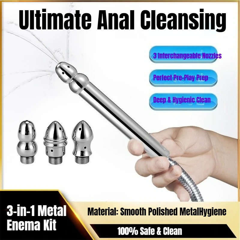 Metal Shower Enema Kit Anal Douche 3 Interchangeable Nozzles Deep Cleaning System BDSM Anal Training Prep Toys for Men Women