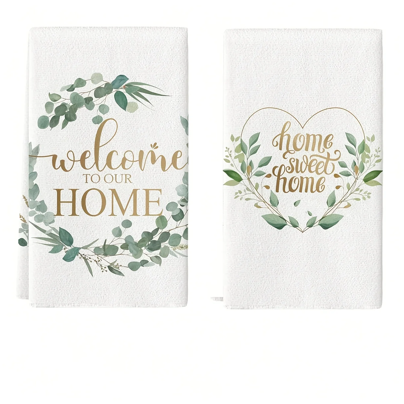 Cleaning Cloth 2PCs Kitchen Towels, Eucalyptus Leaves Heart Wreath Pattern