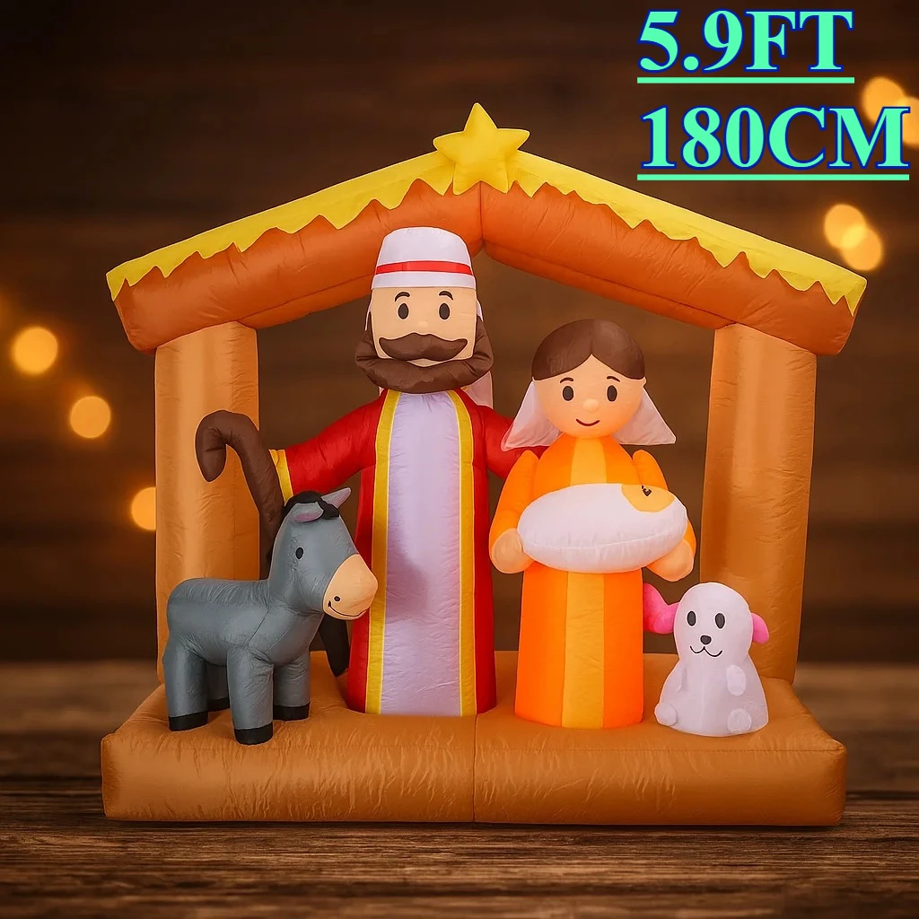 

5.9FT Inflatable Christmas Toy Nativity Scene Decor Yard Holy Family Donkey Lamb LED Supplies Inflatable Yard Decorations