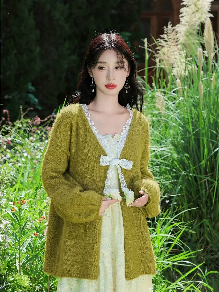 

French Style Sweet Lace Tie Knit Cardigan Women's New Autumn Winter Loose Versatile Sweater Coat