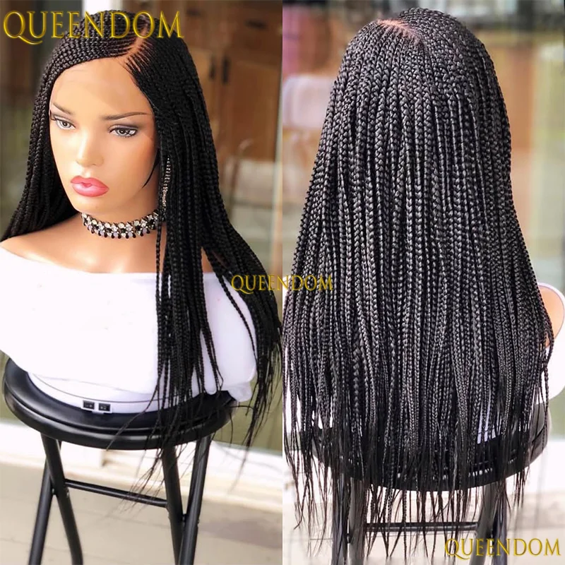 Wig Kepang Kotak Tanpa Simpul 36'' Sintetis, Wig Full Lace HD dengan Belahan Samping untuk Wanita Kulit Hitam, Kepang Cornrow Pirang