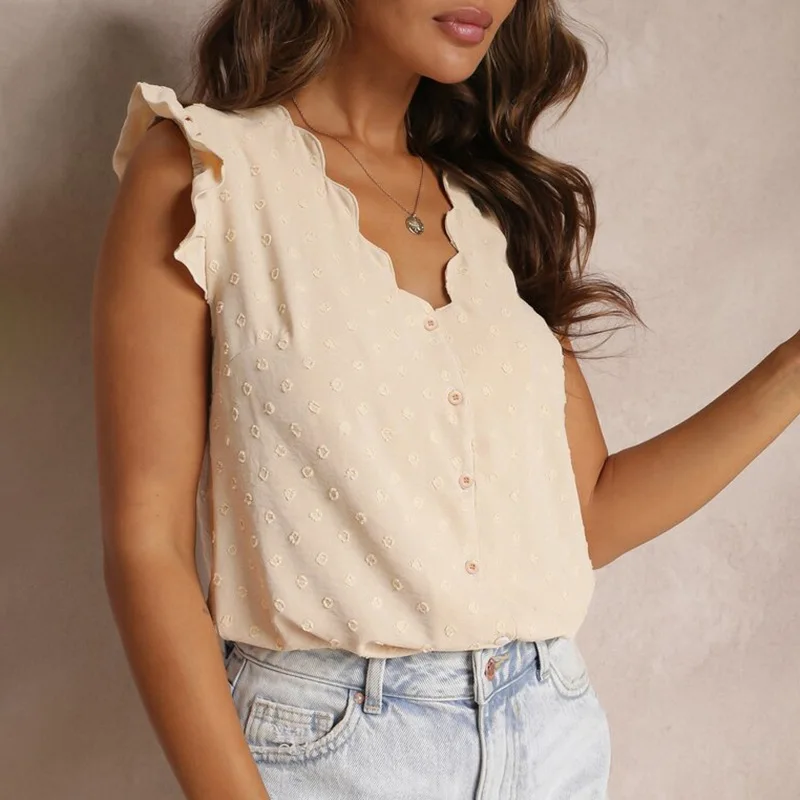 

2026 Spring and Summer New Solid Color Small Flying Sleeves V-neck Shirt Tops Jacquard Casual Daily Versatile Shirts for Women
