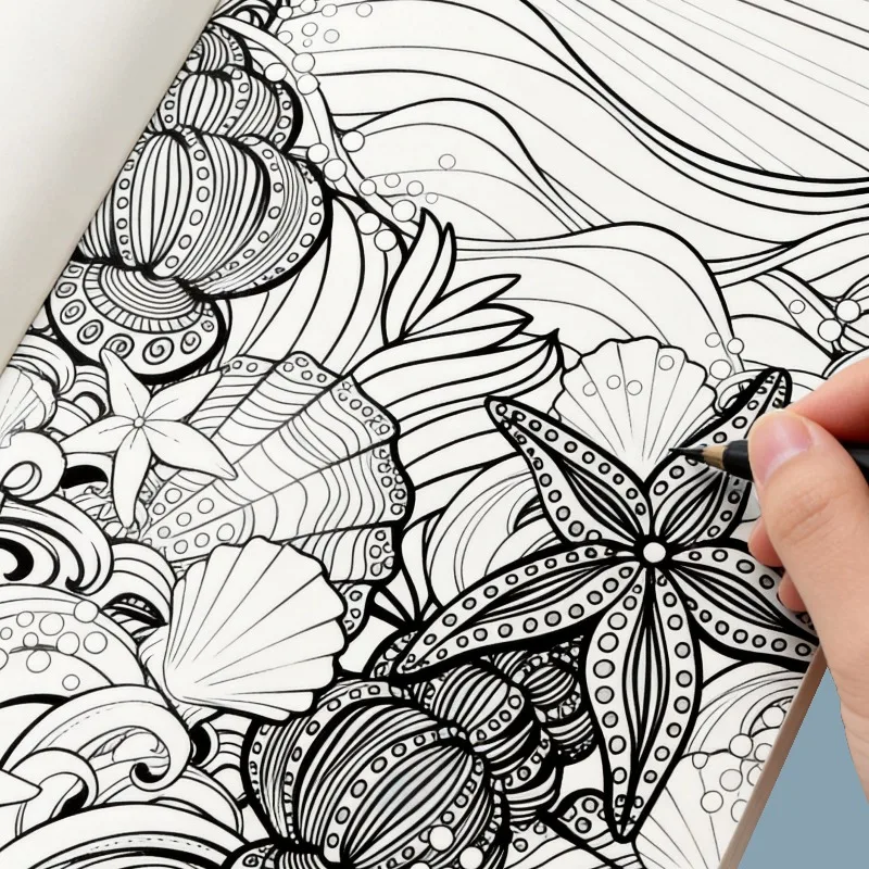 

One Stress Relief Line Drawing and Graffiti Coloring Book, Themed Around Ocean Conch Starfish/succulent Cactus/ice Cream Dessert