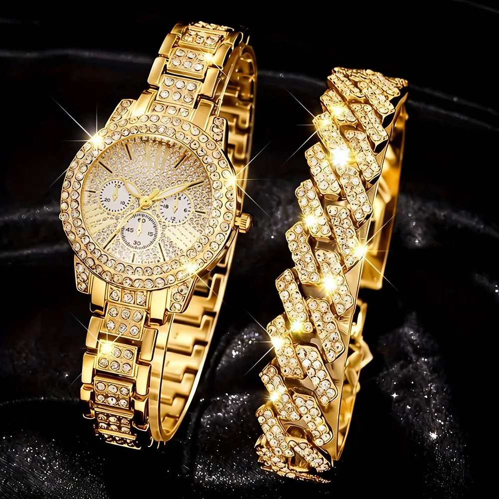 2pcs/set, Women Watch & Bracelet  Elegant Quartz Watch with A Three-Eye Dial, Fashion Ladies' Wristwatch