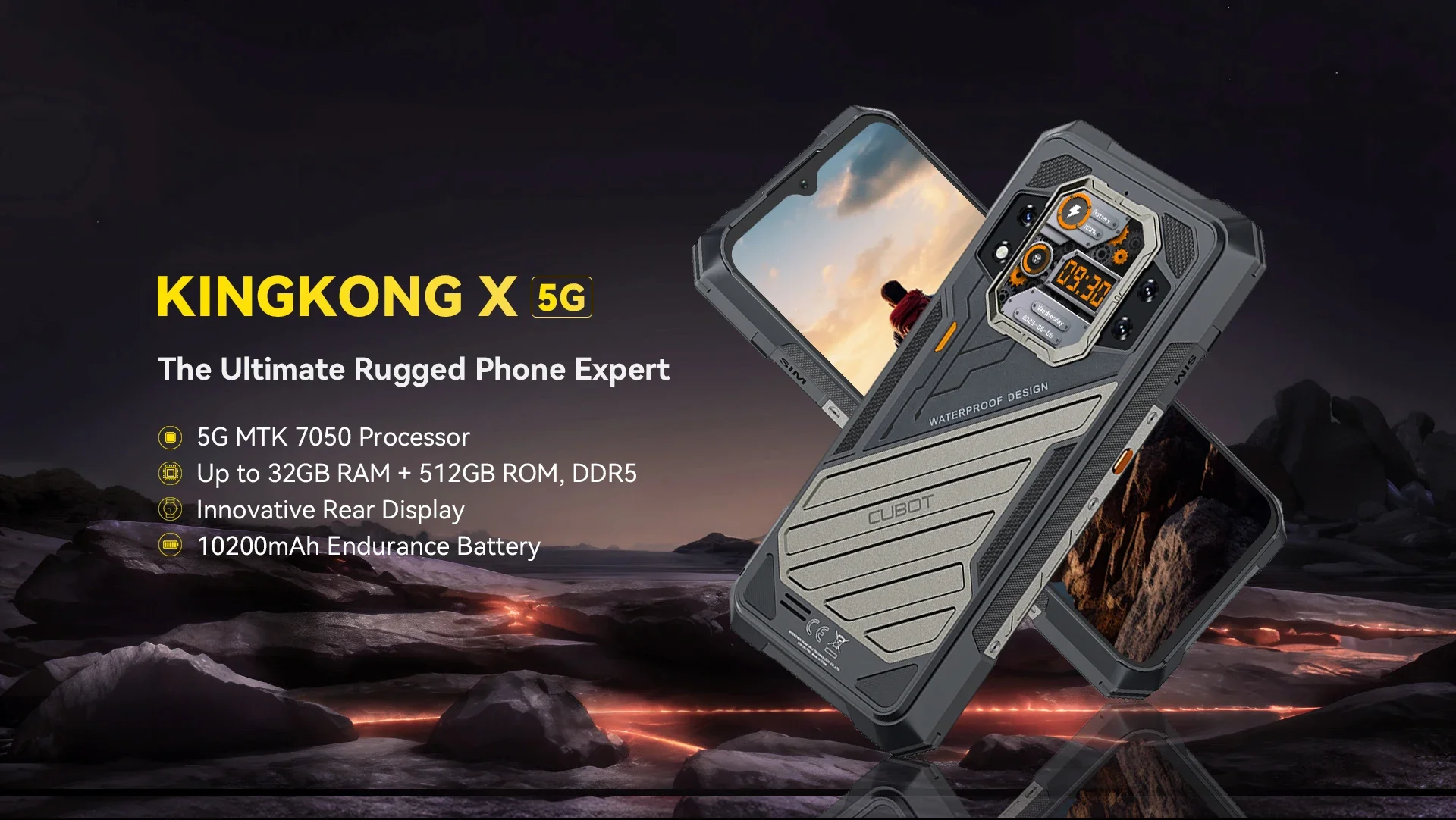 هاتف Cubot KingKong X الوعرة، شاشة Helio Dimensity 7050 120 هرتز 6.58 بوصة، هاتف ذكي رفيع للغاية بقدرة 10200 مللي أمبير في الساعة NFC 5G ثلاثي المقاوم #1