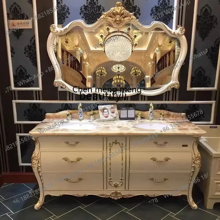 A  High-End Retro Bathroom Cabinet Combination Oak Bathroom Table Marble Double Basin Face Washing CabinetSS 8617