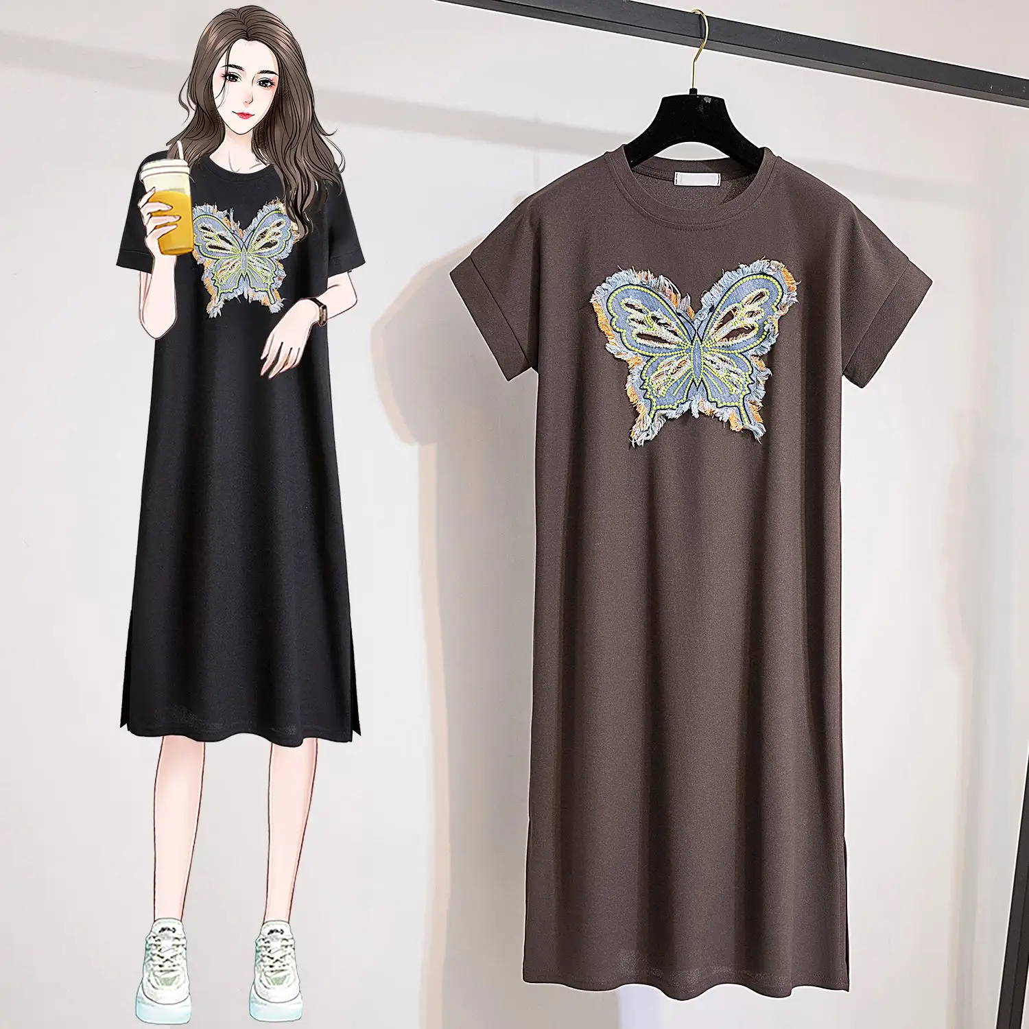 Women Cotton Long T-shirt Dresses Summer Female O Neck Short Sleeve Large Size Elegant Black Apricot Coffee Butterfly Vestidos