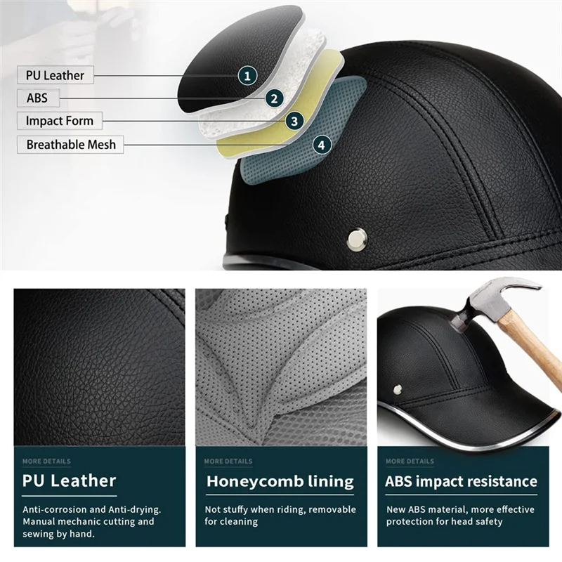 

Discount-Baseball Cap Style Motorcycle Half Helmet Safety Hat Half Face Helmet Vintage Cap Safety Hard Hat Bicycle Helmet Cap