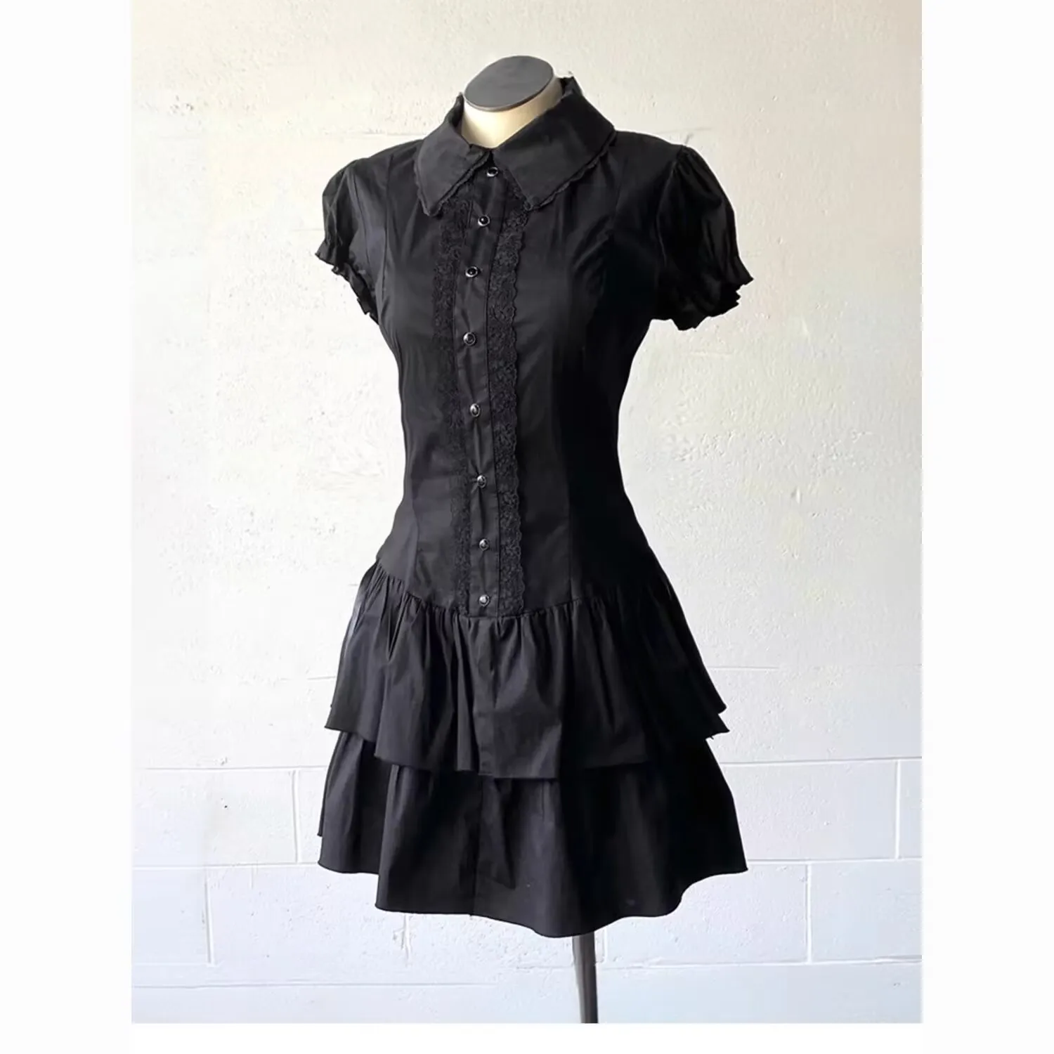 Sukienki vintage czarne Y2k Koronkowa sukienka koszulowa dla kobiet Wyszczuplająca talia Uniwersalne sukienki Krótki rękaw Vestidos De Mujer Sukienka letnia