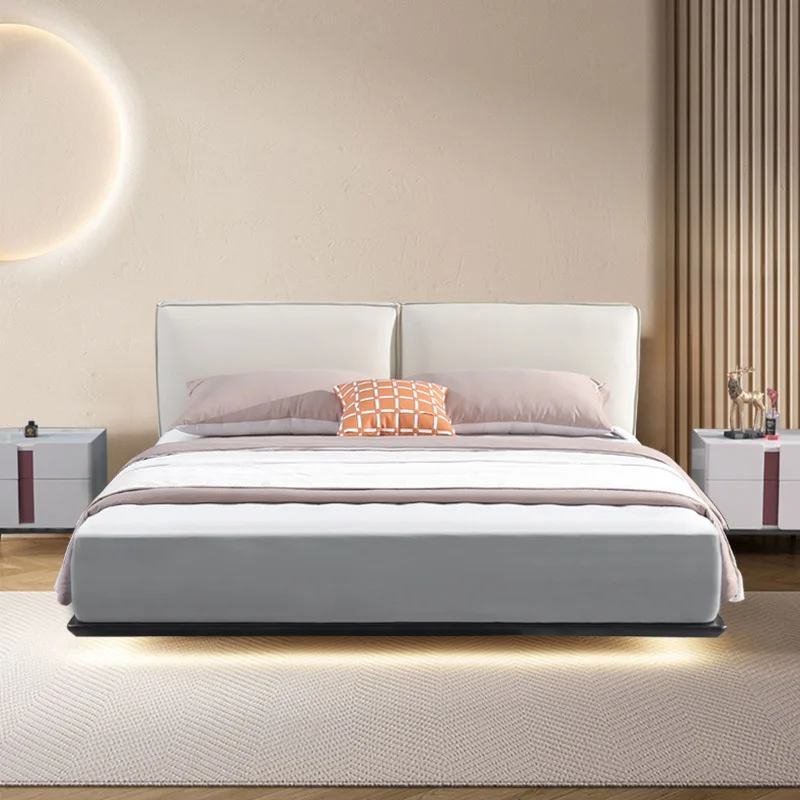 Big black cow minimalist suspension bed Italian bed ash wood master bedroom increased first layer cowhide leather double soft le