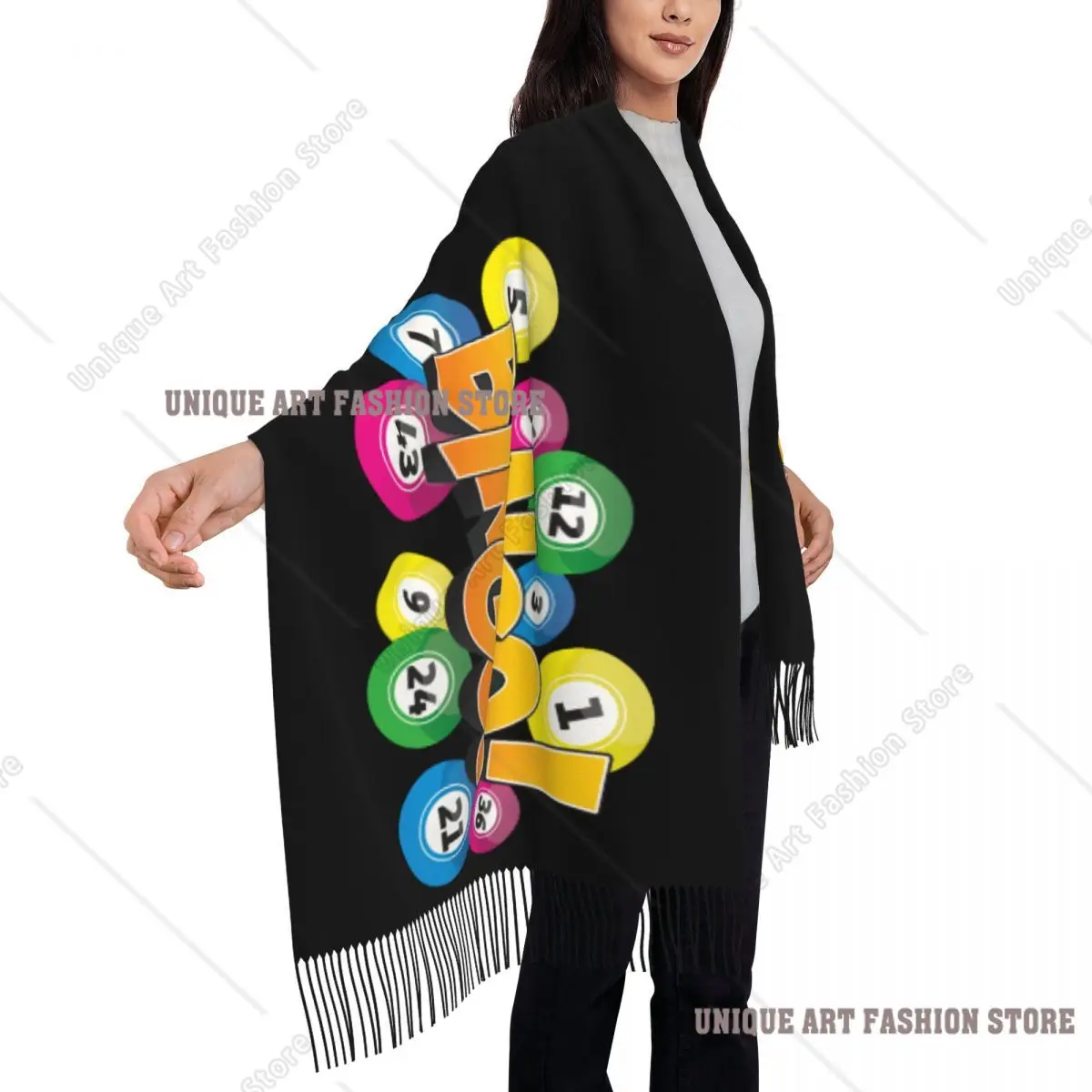 Benutzerdefinierte Hot Game Bingo Schal Wrap Frauen lange Winter warme Quaste Schal Unisex Schals