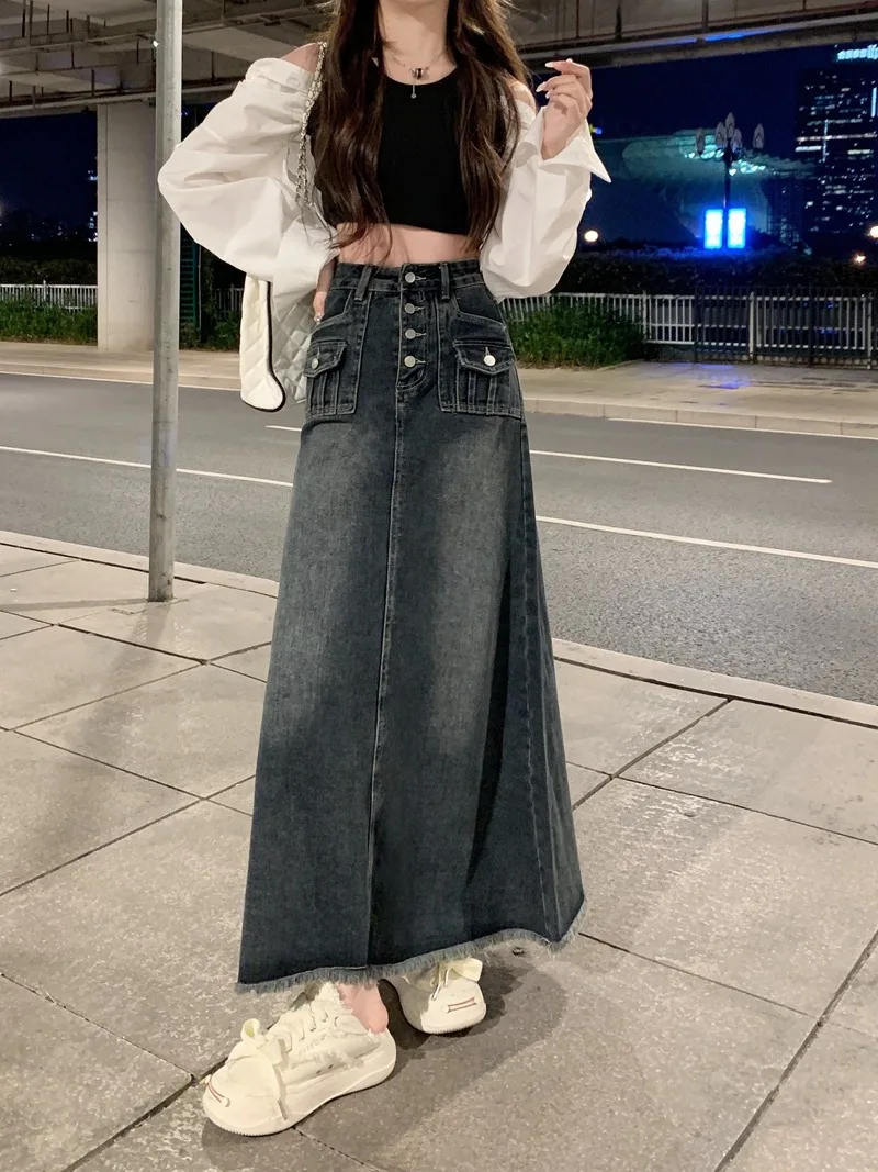 Elegant Hong Kong Style High Waist Raw Hem Denim Skirt Fashion Vintage A-Line Midi Indie Design Comfortable Long Denim Skirt