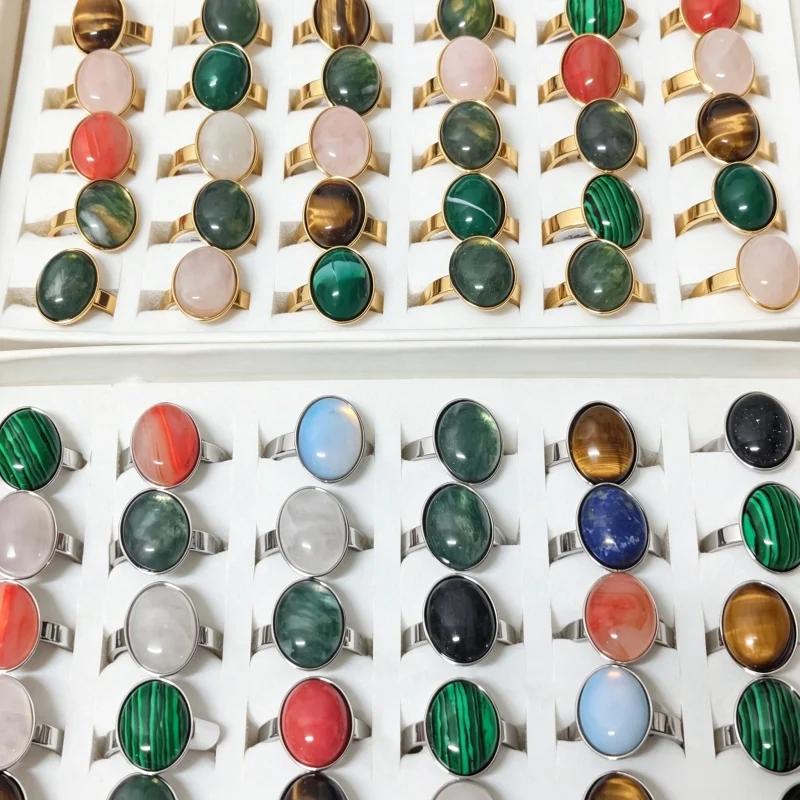 15pcs Vintage Mixed Natural Stone Rings Stainless Steel Golden & Silver Boho Women Jewelry Gift