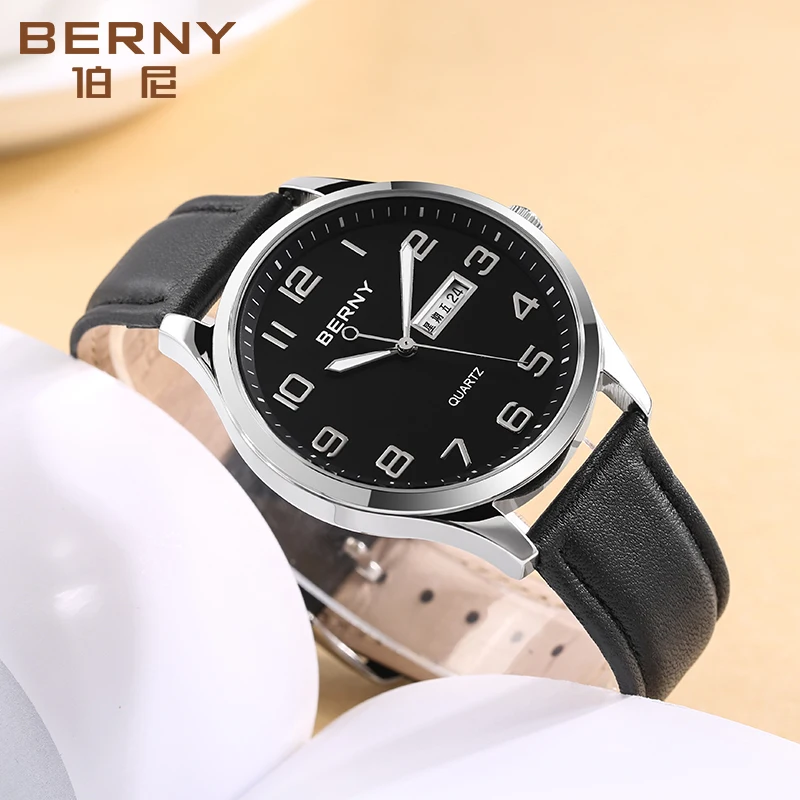 BERNY Men Quartz Watch Miyota 2105 Date Calendar Genuine Leather Classic 3ATM Waterproof Male Dress Business Wristwatch