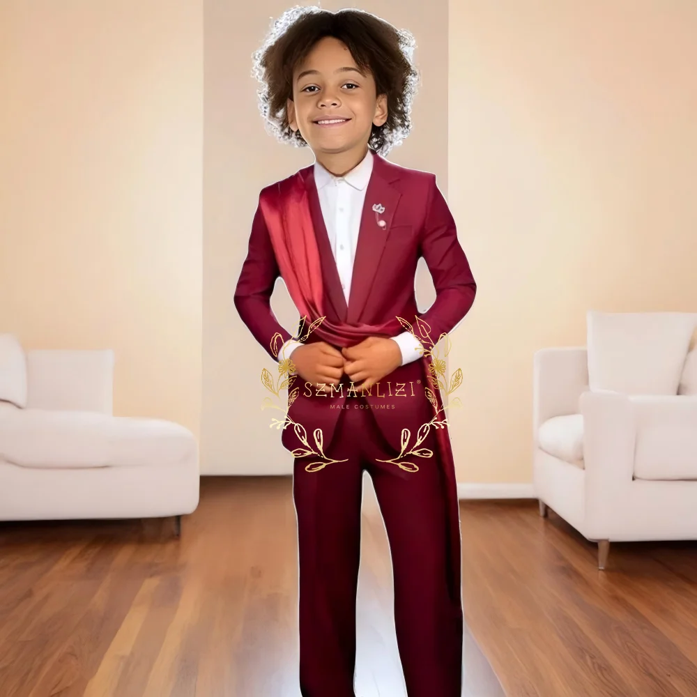 

Burgundy Boys Suit Prom Blazers 2 Pcs Jacket Pants Belt Sets Kids Groom Wedding Tuxedos Flower Boy Slim Fit Costume Homme