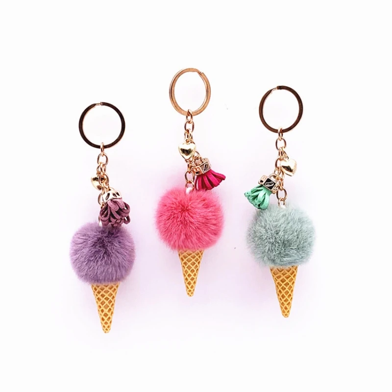 Creative Ice Cream Keychain Plush Pompom Key Chain Keyrings for Women Key Holder Car Bag Pendant Accessories Girls Jewelry Gifts