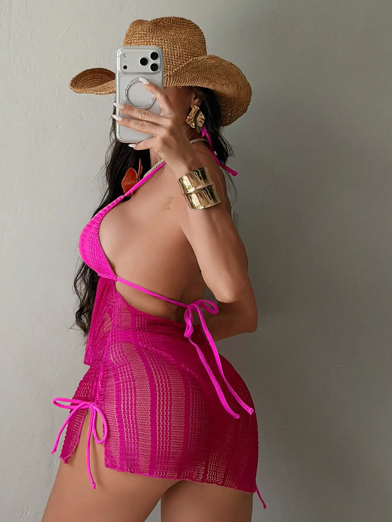 

Fuchsia 3-Piece Swimwear Set: Halter Tie-Up Top + Sheer Cover-Up Skirt, Sexy Beach Resort Outfit