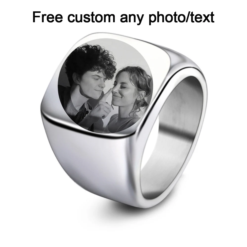 Stainless Steel Rings Free Custom Photo Engrave Logo Women Mens Picture Text Gold Signet Name Ring Couple Jewelry