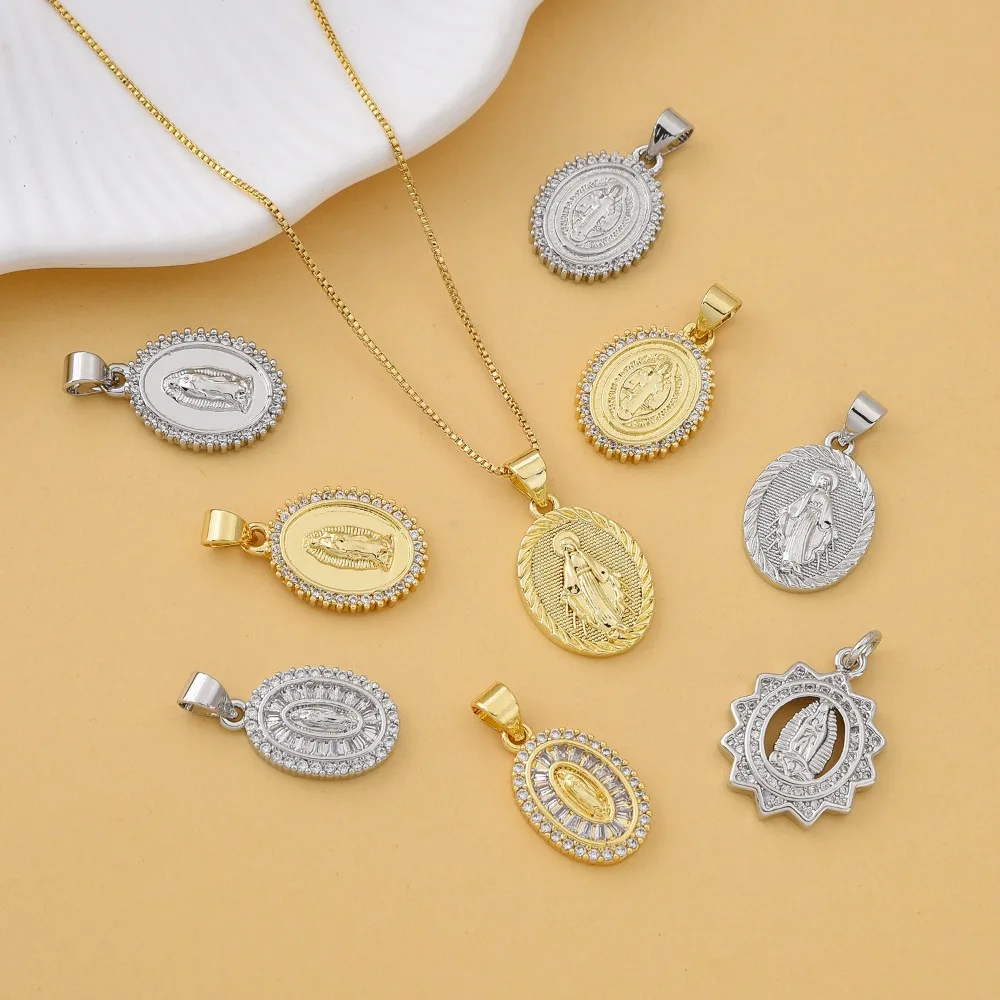 

3 Pcs Copper Plated Gold Inlay Zircon Virgin Mary Pendant for DIY Charm Jewelry Making Oval Premium Quality Necklace Accessories