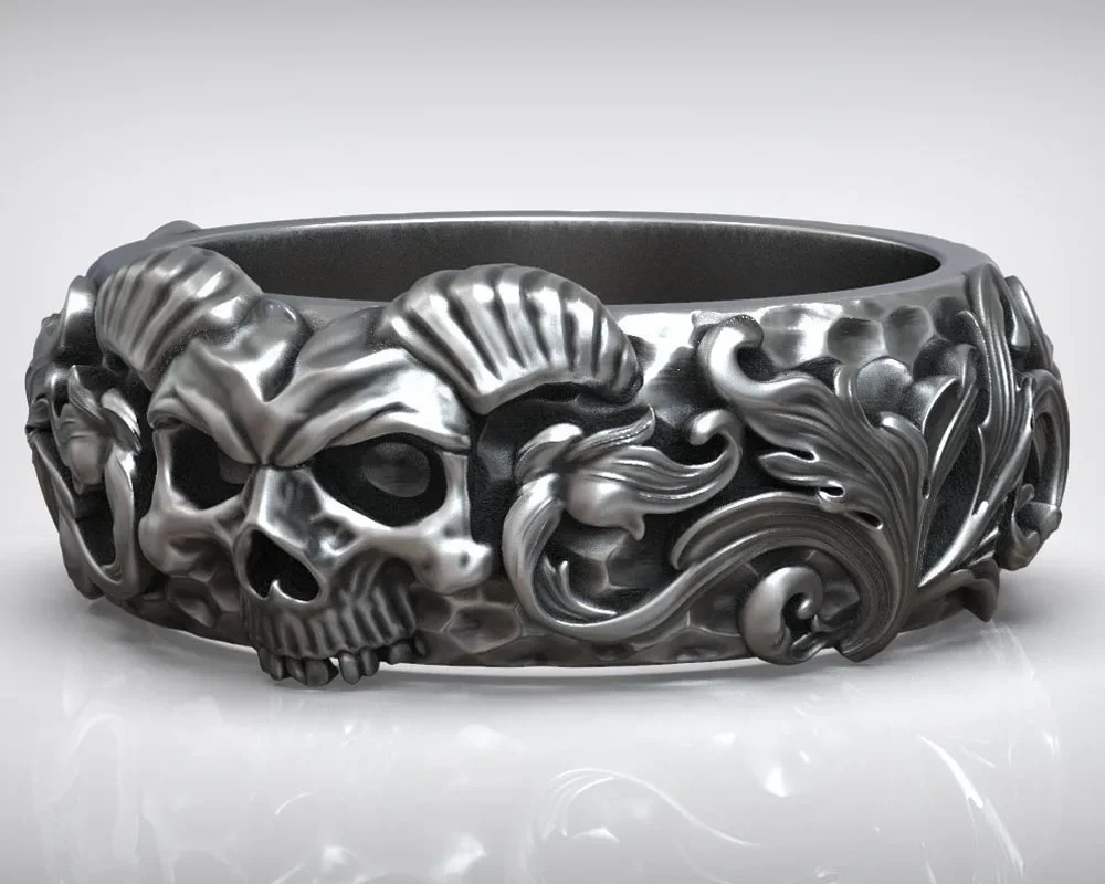 11g 3D Classic Baroque Carved Hammered Skull Horn Ring  Customized 925 Solid Sterling Silver Many Sizes 6-12