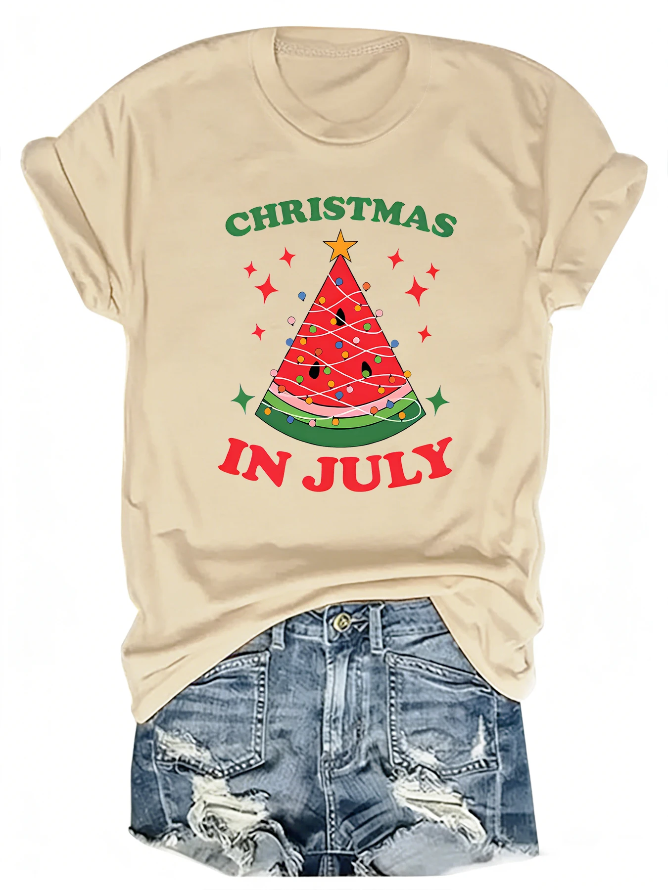 Christmas Moon Watermelon Christmas Tree Embroidered Round-neck Short-sleeved T-shirt for Women