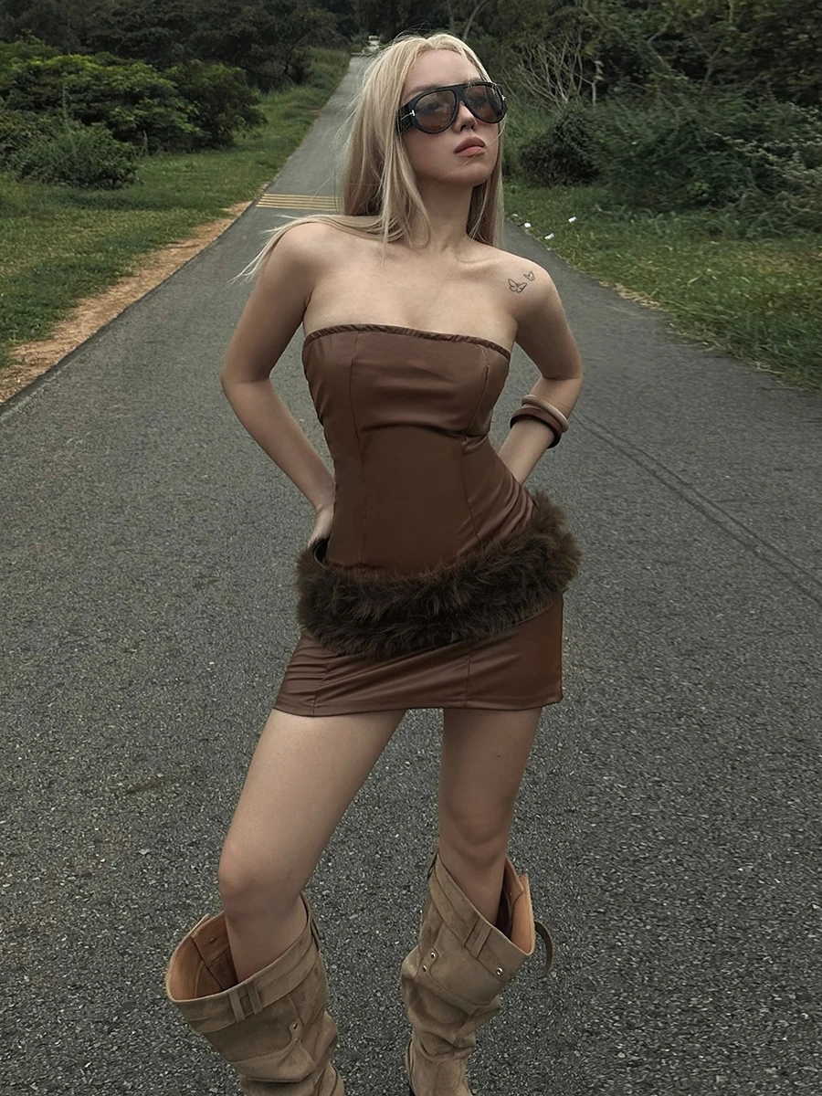 

WEIRD PUSS Retro Ele Brown Tone Tube Dr Women's Furry Patchwork Waist Skirt Trendy Svel Polyester Blend Dr