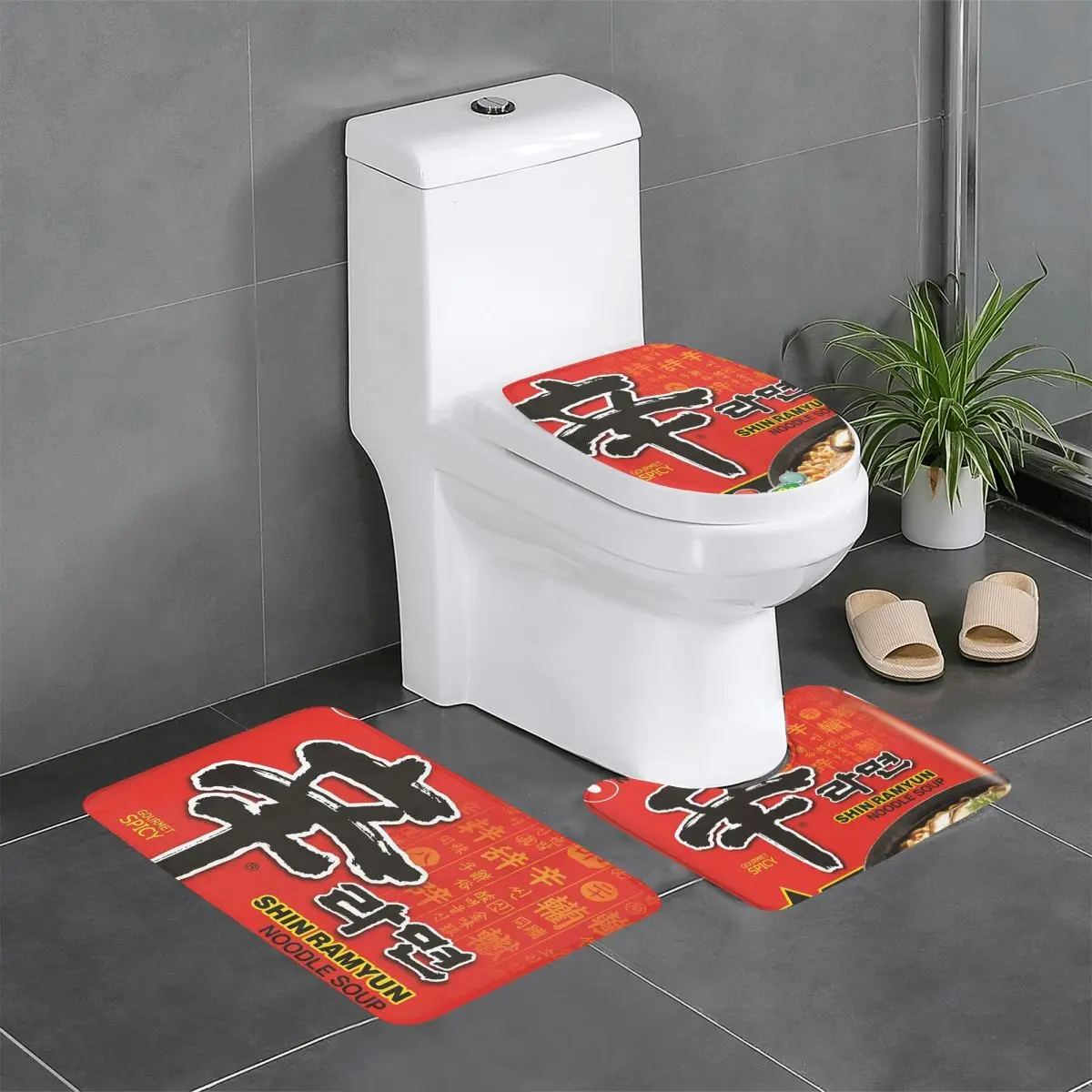Nongshim Shin Ramyun (scharf) 3-teiliges Badematten-Badezimmer-Set, WC-Deckelbezug, Heimdekoration, rutschfester Teppich, Bodenteppich