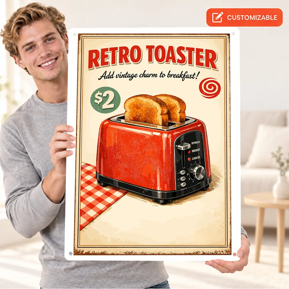 Breakfast Toaster Printed Poster Personalized Aluminum Metal Sign Retro Minimalist Vector Illustration Wall Art For Dining Room