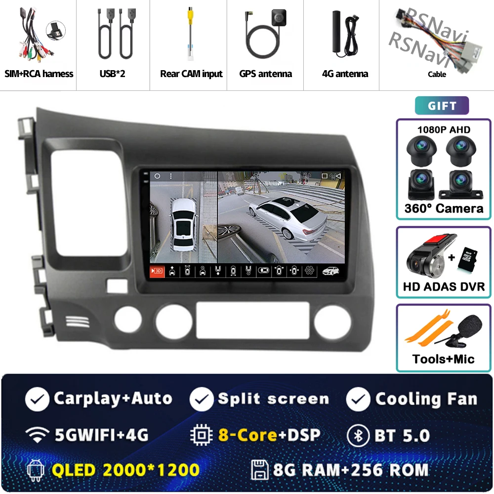 Android 15 Voor Honda Civic 8 FK FN FD 2005-2012 2K QLED Android Autoradio Multimedia Video speler GPS 4G CarPlay Stereo