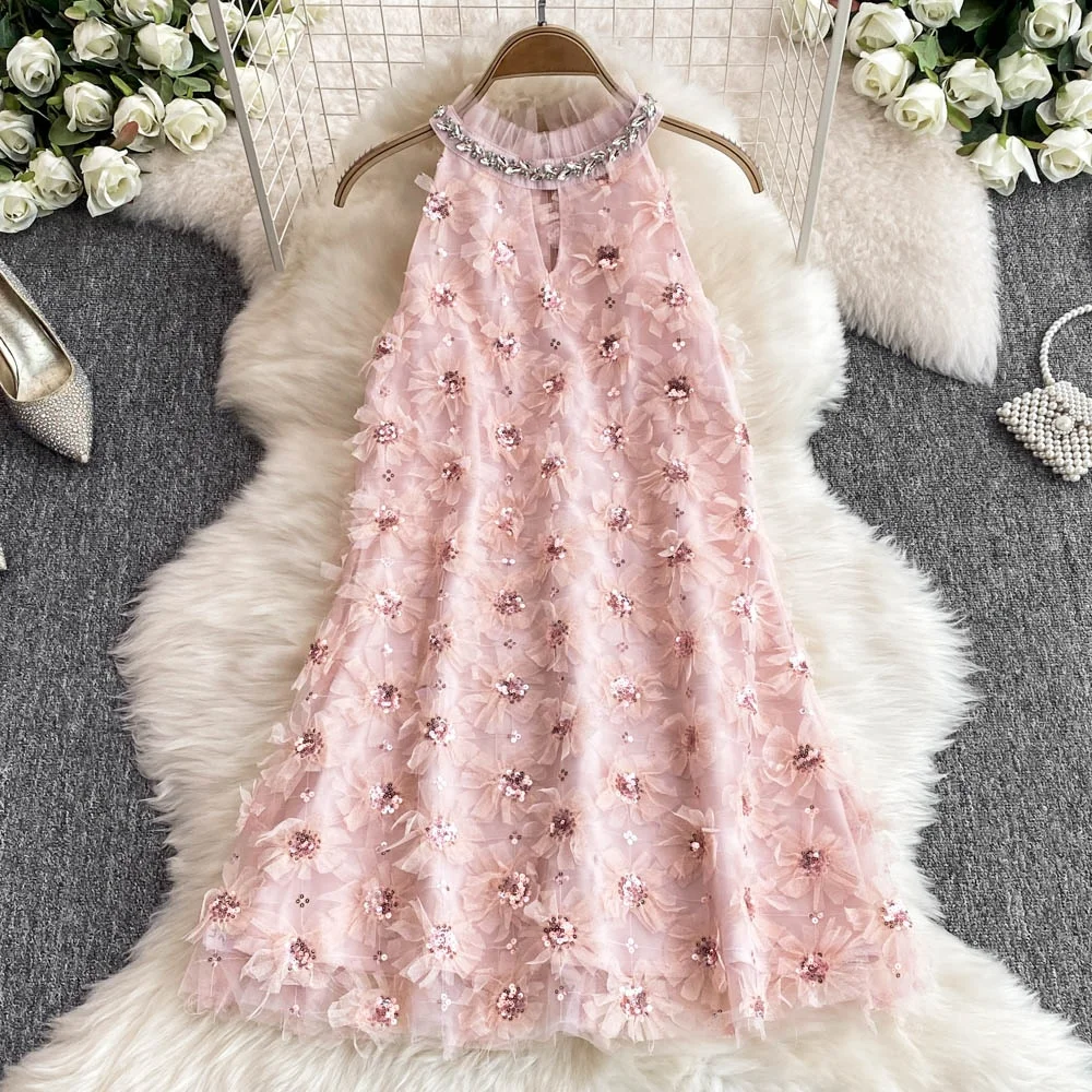 فستان نسائي أنيق مكشكش مزين بالترتر من Clothland مطرز بالألماس فساتين قصيرة شبكية على شكل زهرة لامعة Vestido Mujer QE040 #1