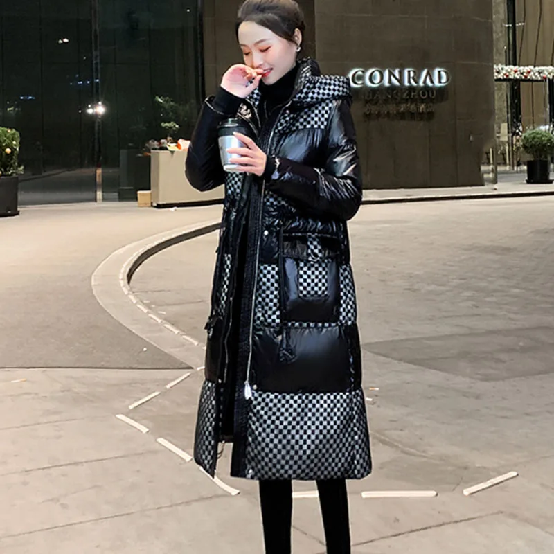 New Womens No-wash Black Plaid Down Jacket Winter Snow Parker Overcoat Long High-end Female Bright Face 90% White Duck Down Coat