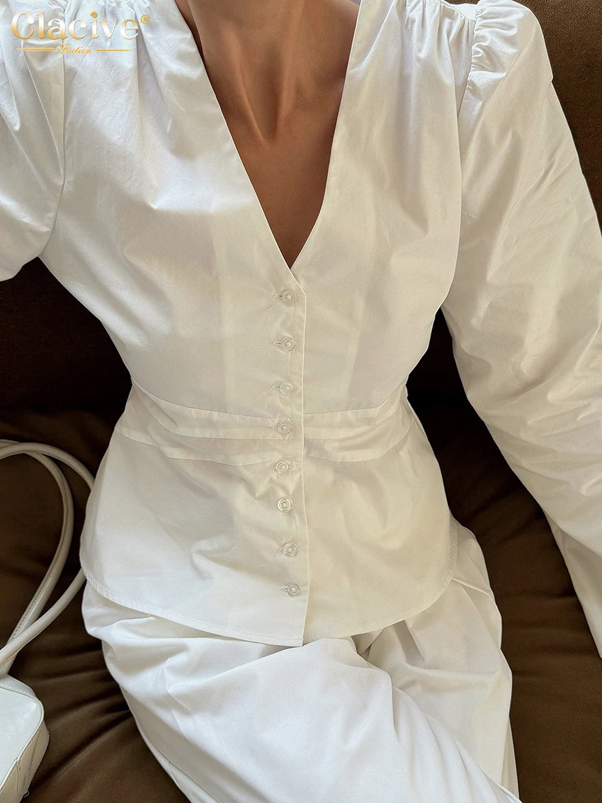 Clacive Fashion Loose White Cotton Women's Shirt 2025 Sexy V-Neck Long Sleeve Shirts Elegant Classic Solid Top Female Clothing