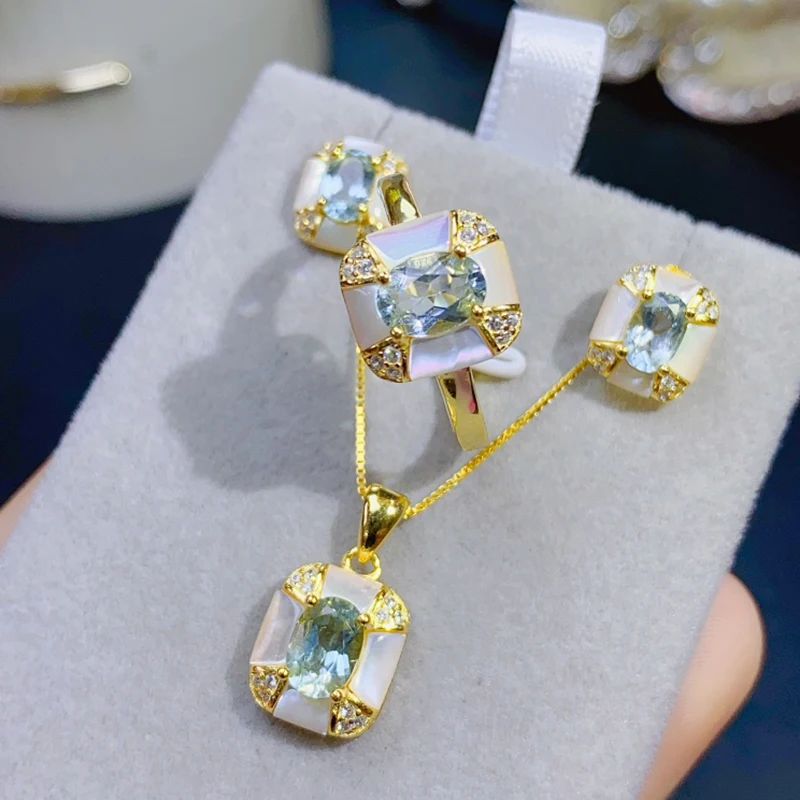 

Natural Aquamarine jewelry sets for women rings earrings pendant silver 925 luxury gem stones 18k gold plated free shiping items