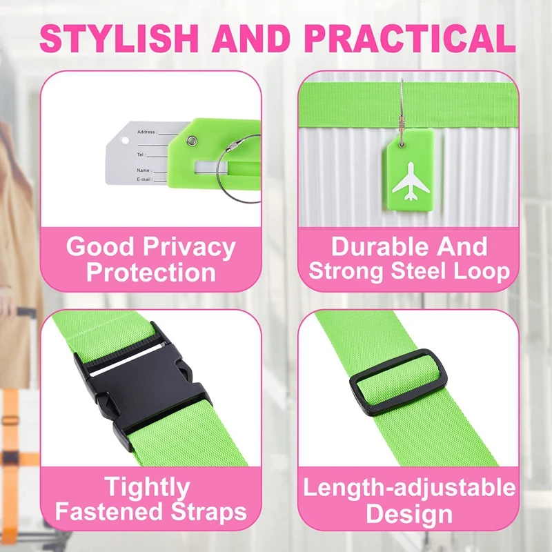 8 Pack Luggage Straps Suitcase Belts Silicone Luggage Tags Travel Suitcase Tags Travel Parts Green