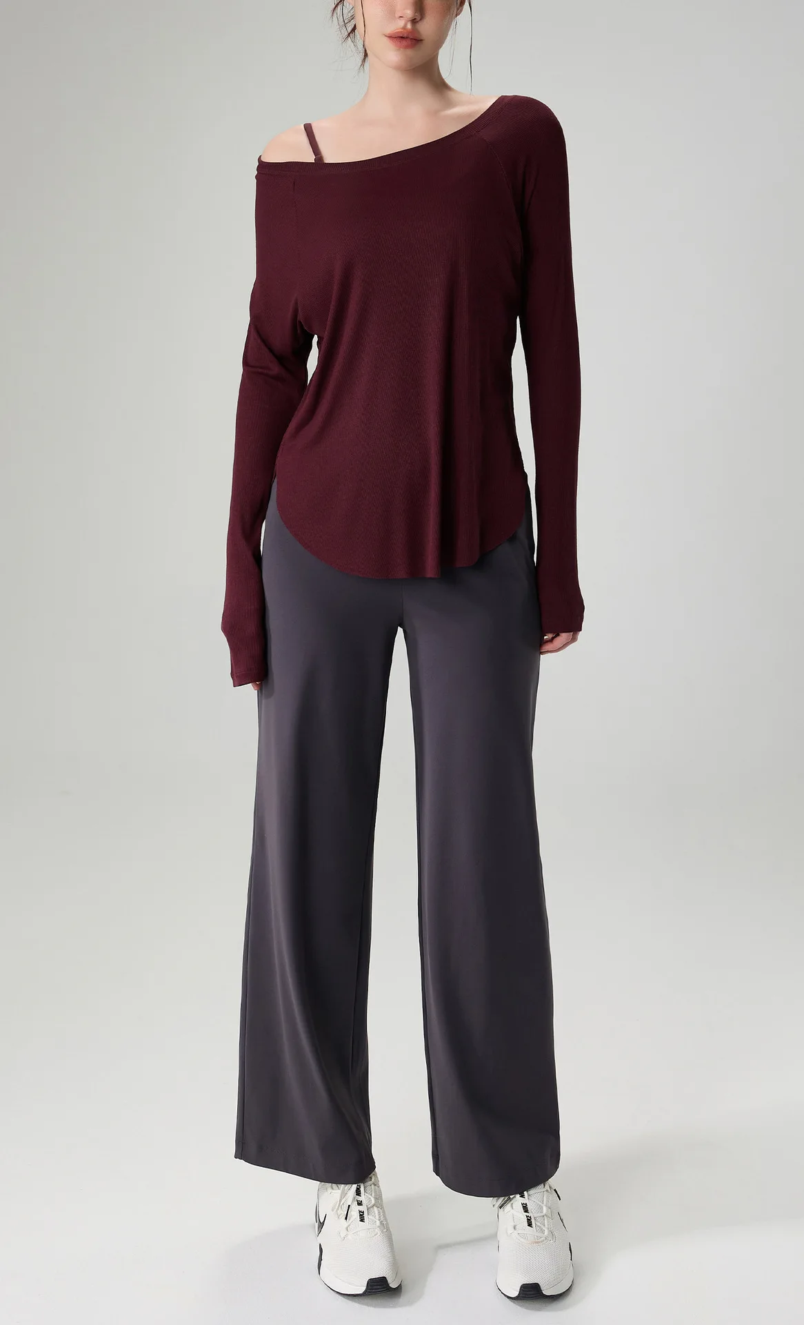 Geripptes Modal-Oberteil für Herbst und Winter, langärmeliges Outdoor-Sport-Top für Damen, locker geschnittenes, schlankmachendes Yoga-Outfit, T-Shirt, Überziehshirt – Detail 1