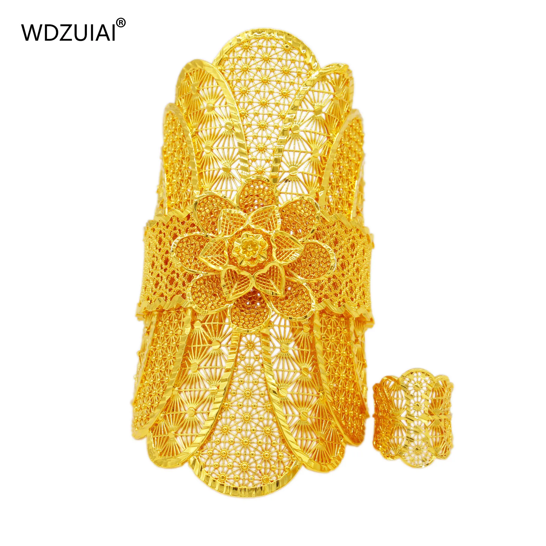 WDZUIAI Dubai 24K Gold Color Cuff Bracelet/Ring Set for Women Girls African/India/Middle East Bridal Wedding Charm Jewelry Gifts