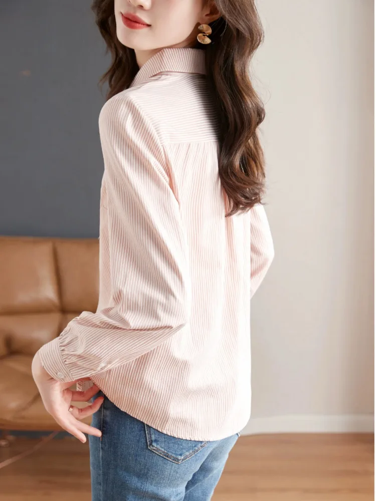 #3251 Pink Striped Shirts Slim Fit Cotton Embroidery Vintage Shirts Female Long Sleeve Single Breasted Womens Tops And Blouses