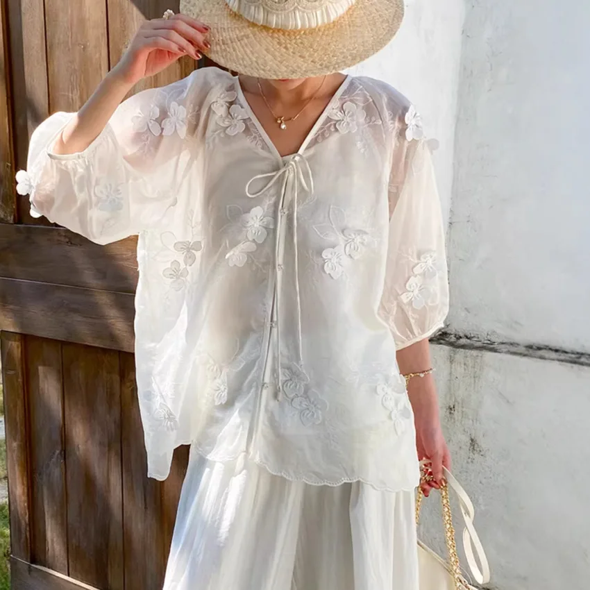 

Women's 3D Floral Embroidered Shirt Romantic Summer Mesh Blouse Aesthetic Fairy Blouse