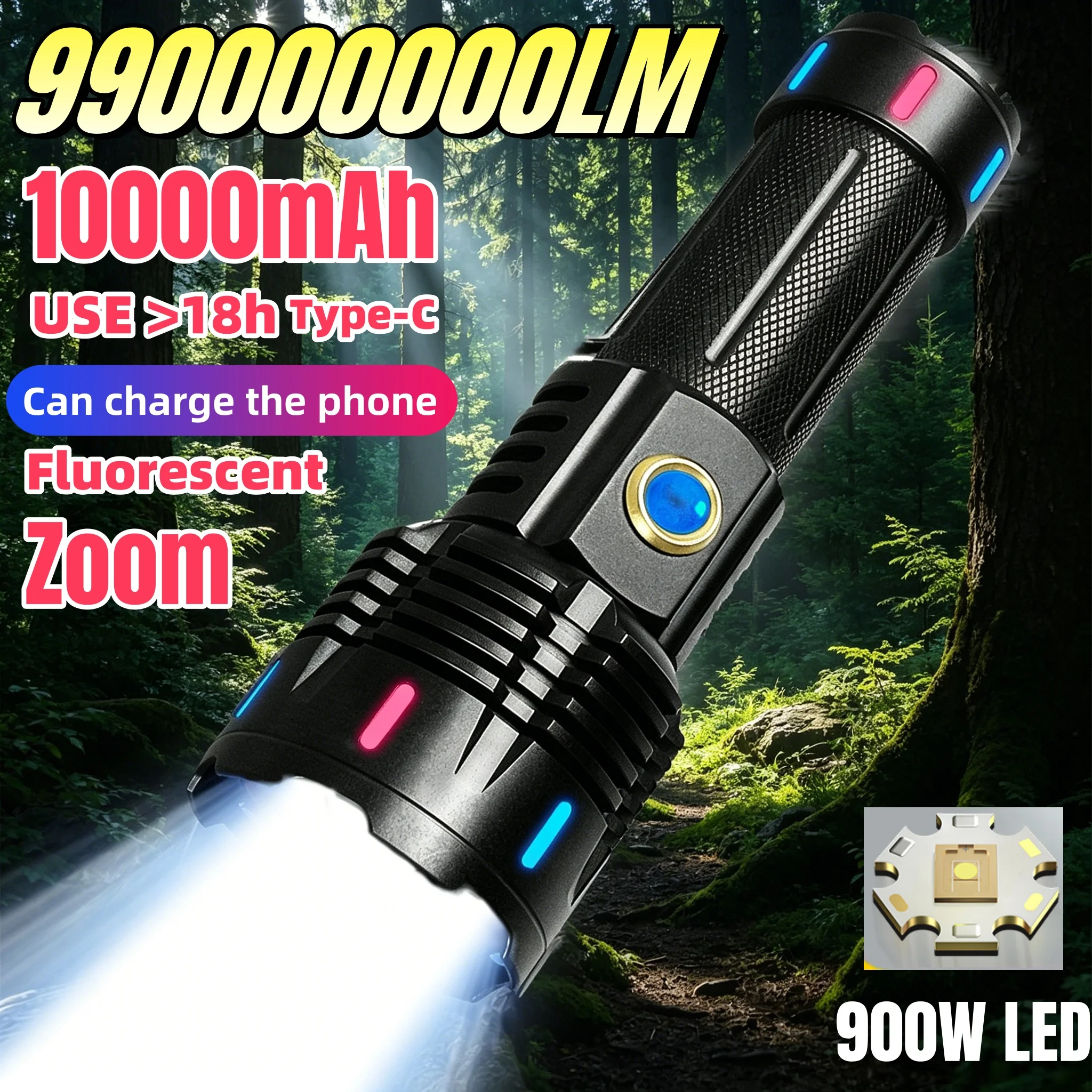 Newest 990000000LM Super Powerful LED Flashlight 10000mAh Rechargeable Torch Light Waterproof Zoom For Camping Fishing Hiking