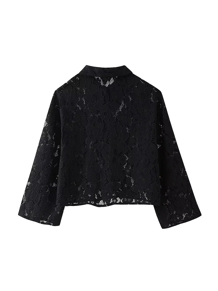 TRAF2024 European and American style autumn and winter new black lace embroidery short shirt fashionable long sleeves