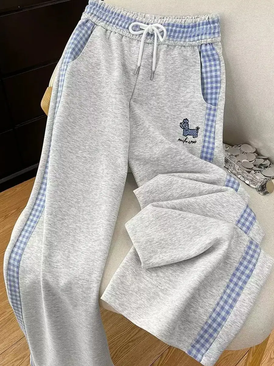 

Новые весенние удобные повседневные брюки в клетку с вышивкой для девочек, свободные прямые широкие брюки