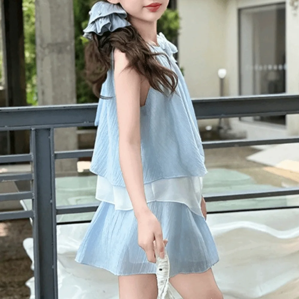 

Платье-комбинация с 3D-розами и оборками в корейском стиле, детское пляжное платье с внутренними шортами, без рукавов