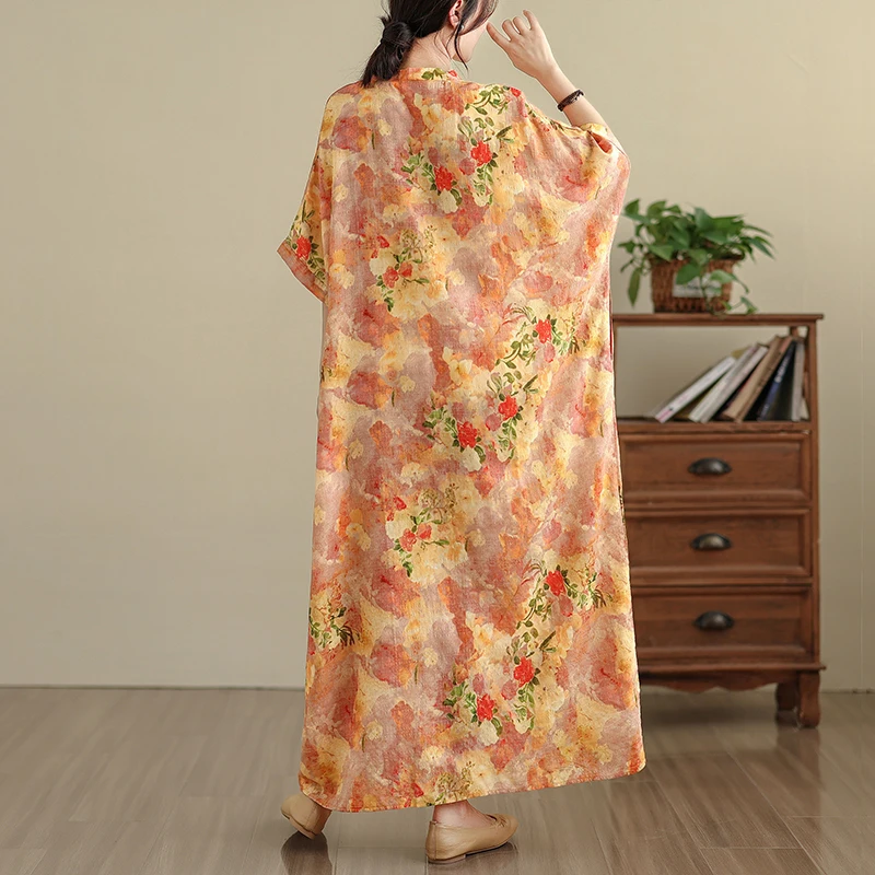 Vestido Largo de Verano con Estampado Floral, Cuello en V, Aodón, Estilo Casual de Viaje, Disimula la Figura, Falda Midi Re...