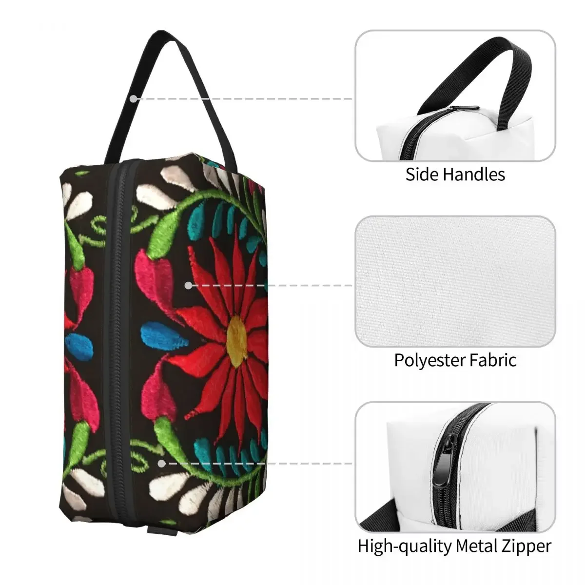 Bolsa de Higiene Pessoal de Viagem Feminina Mexicano, Bordado Espanhol, Flores, Organizador de Maquiagem, Armazenamento, Kit Dopp, Têxtil Tradicional