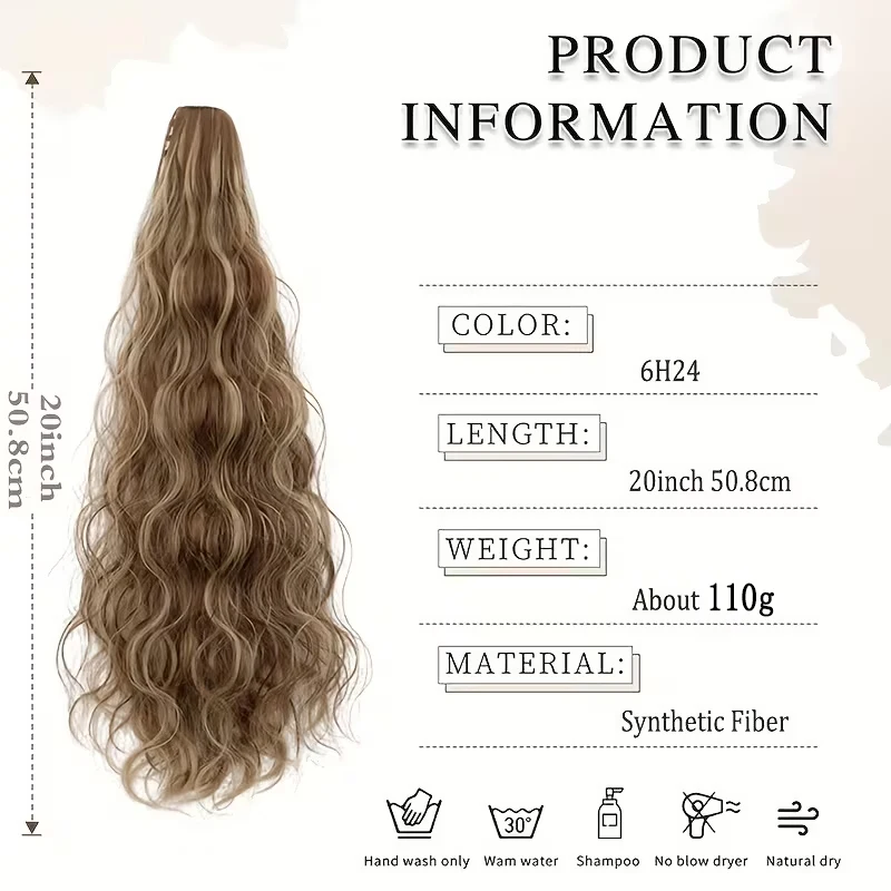 20Inch Synthetic Long Wavy Curly Ponytail Hair Extension Claw Clip in Instant Volume Length Hairpiece for Women Daily Use