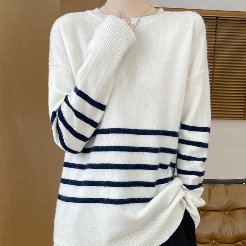 24 Autumn and Winter New Manufacturers Strictly Choose Wool Contrast Color Striped round Neck Ladies plus Size Knitted