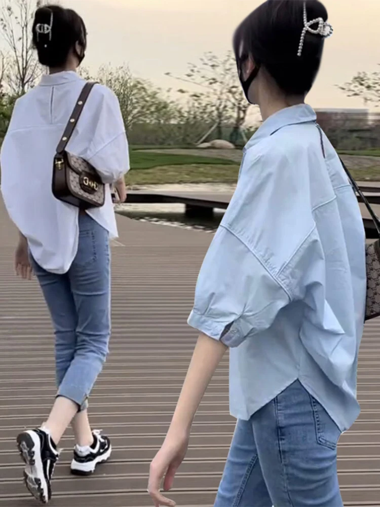 

Blue Short Sleeve Women's Shirt Casual mid Sleeve Sun Protection Spring Autumn Summer Lightweight Fashionable Korean Style